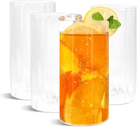 16 oz Ribbed Drinking Glasses, Set of 4 - Tall Glassware for Iced Coffee, Water, and Soda (Style 2)