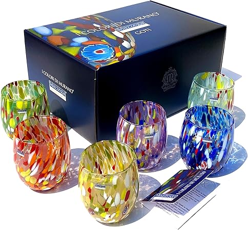 MAZZEGA ART & DESIGN - Set of 6 Water Glasses in Blown Glass, Handcrafted with Refined and Original Murano Murrine - Murano Colors - Colombina Model 9,8 oz Made in Italy (6, MIR-SR)
