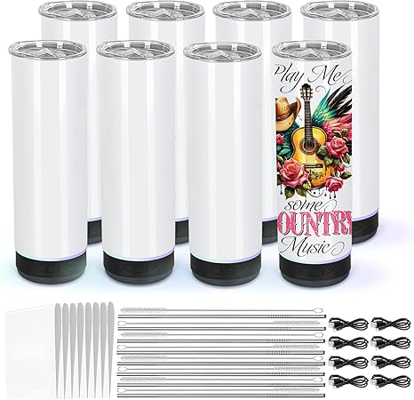 8 Pack 20Oz Music Speaker Tumbler, Sublimation Tumbler Blanks Skinny Straight, Double Wall Insulated Music Coffee Mug with Detachable LED Light, Speaker Cup（Black）